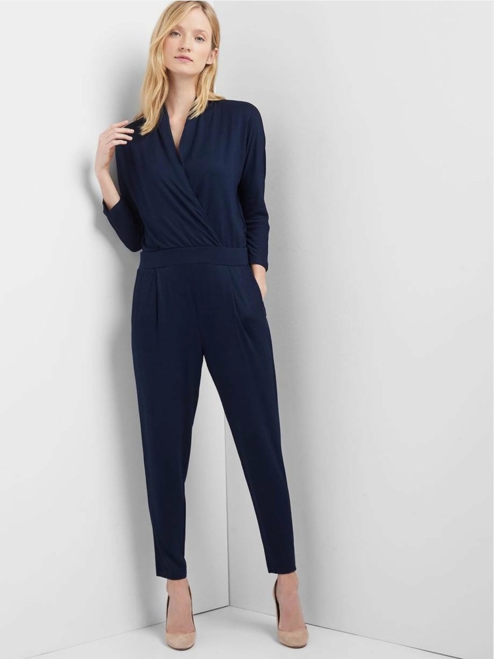 GAP Women's French Terry Long Sleeve V-Neck Wrap Front Jumpsuit True Indigo